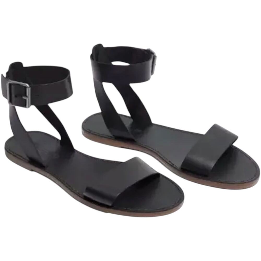 Madewell The Boardwalk Sandal Leather Adjustable Ankle Strap Buckle Flat Black 9